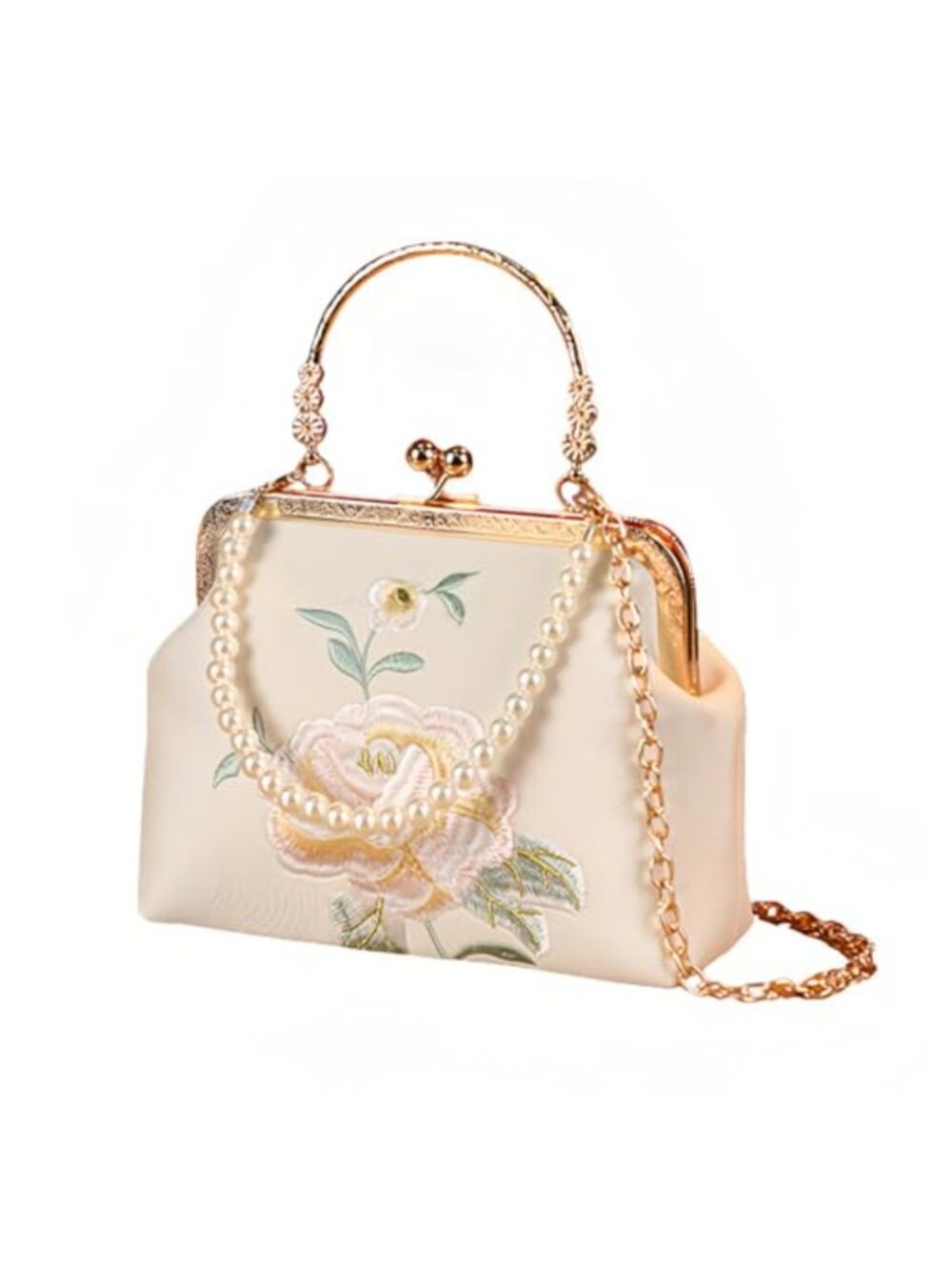 Embroidered Floral Clutch Purse with Pearl Strap, Bridal Evening Bag